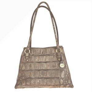 Brahmin Croc Embossed Leather Shoulder Bag Taupe Brown Tote